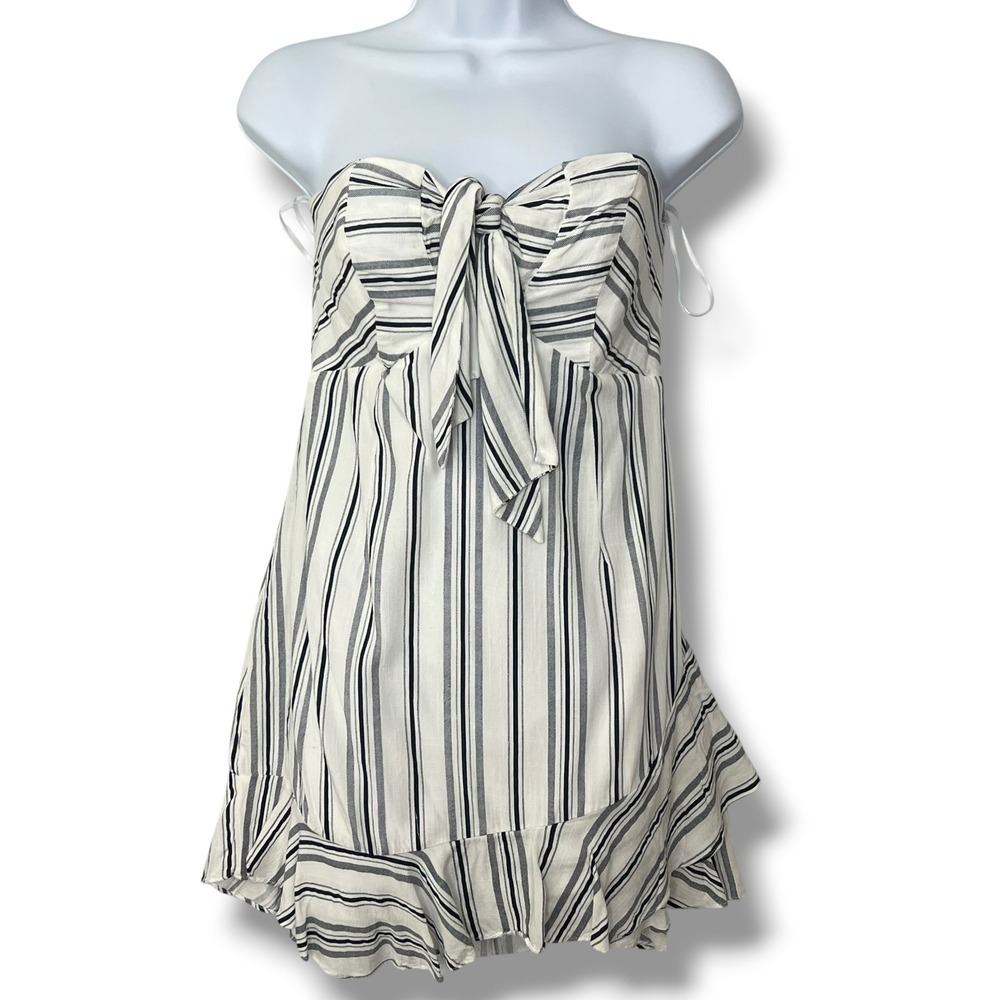 The Impeccable Pig Tunic Strapless Blouse M White Navy Striped Ruffle Nautical